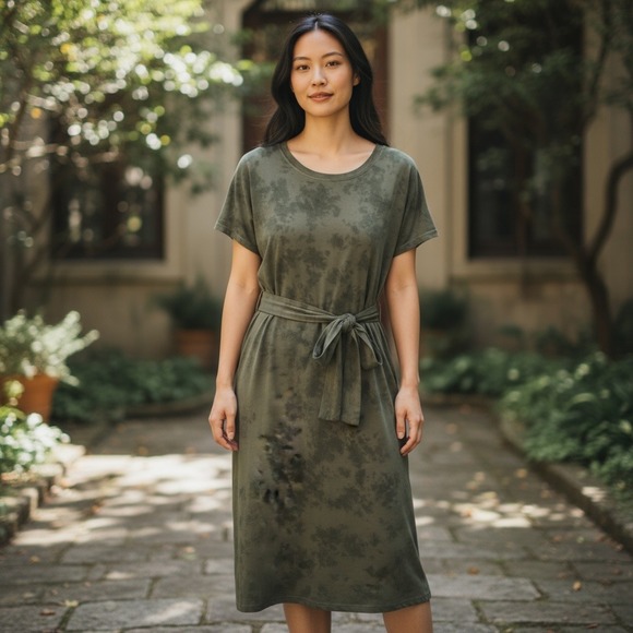 Pact Dresses & Skirts - Pact Organic Cotton Tie Waist T-Shirt Dress Green Tie‎ Dye Midi Size M
